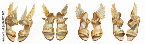 Winged sandals symbolizing speed, divine communication, mythology, and messenger gods, featuring golden wings and intricate detailing, embodying ancient greek legends