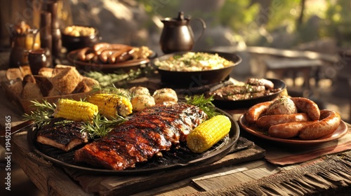 Grilled meat and various dishes on a wooden table outdoors