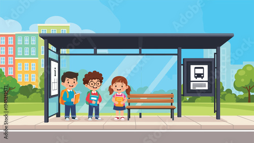Three diverse school children with backpacks stand together at a modern glass bus stop in a sunny city park setting with buildings.