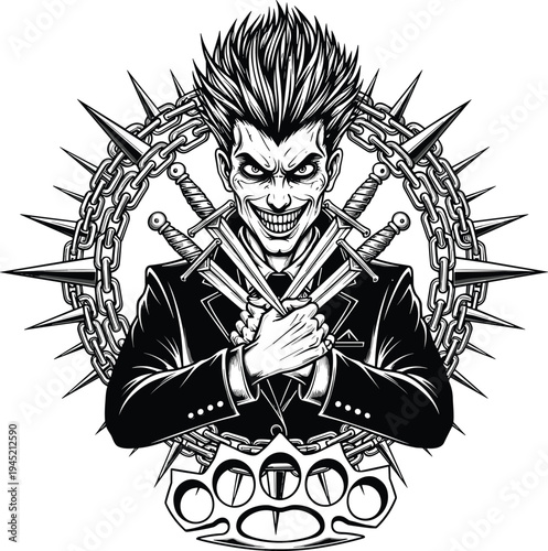 Evil Joker Villain Character with Spiked Hair, Crossed Swords, Chain Circle and Brass Knuckles in Dark Vintage Black and White Illustration Style
