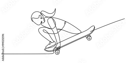 Girl riding skateboard performing trick minimalist continuous line vector illustration
