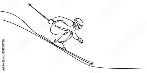 Man skiing downhill winter sport action continuous line vector illustration