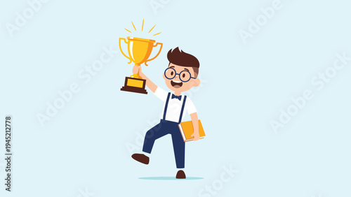 Young student wearing glasses and a bowtie celebrates his academic achievement by holding up a golden trophy and his favorite book.
