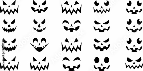 Collection of diverse black silhouette jack o lantern faces on white