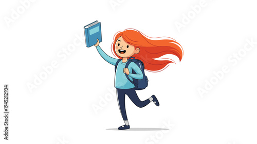 Energetic young girl with long red hair and a blue backpack jumps for joy while holding a book as she heads back to her elementary school.