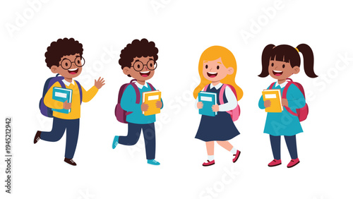 Group of diverse elementary school students carrying backpacks and books walk together happily during their first day of the new school year.