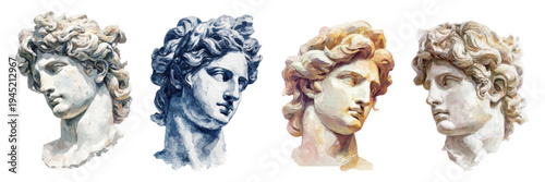 Four dynamic watercolor renditions portraying the bust of apollo in various color compositions, illustrating ancient greek mythology, classical sculpture, and timeless art aesthetics