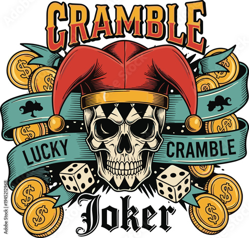 Vintage Joker Skull Mascot with Jester Hat, Dice, Coins, and Ribbon Banner for Casino Gambling, Poker, Lucky Game, and Gambling Emblem Design