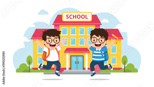 Two happy young schoolboys jump with excitement in front of a colorful school building to celebrate the start of their educational journey.