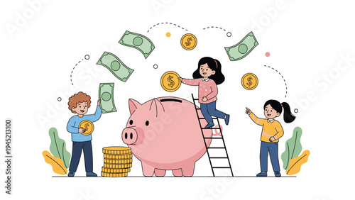 Group of children work together to save money by putting coins into a giant pink piggy bank with banknotes floating in the background.