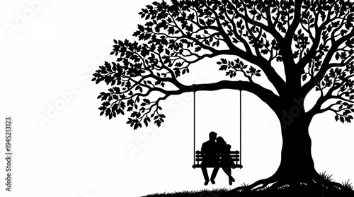 Silhouette of Romantic Couple on a Bench Swing under Oak Tree