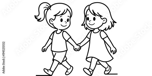 Two little girls holding hands walking continuous line vector illustration