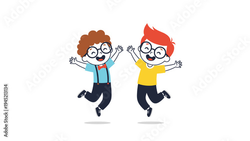 Two energetic young boys with glasses jump high in the air with their arms raised to celebrate a moment of pure happiness and success.