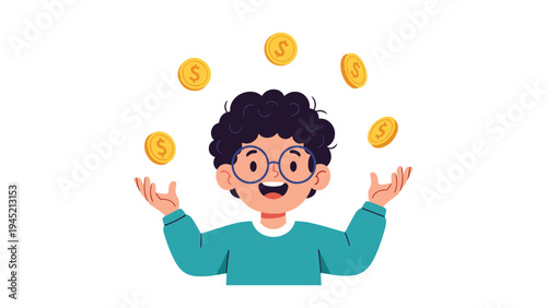 Happy young boy with glasses watches in wonder as golden coins float magically around his hands to represent wealth and financial dreams.