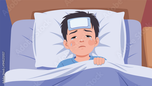 Sick young boy lies sadly in bed with a cooling fever patch on his forehead while resting to recover from an illness or high temperature.