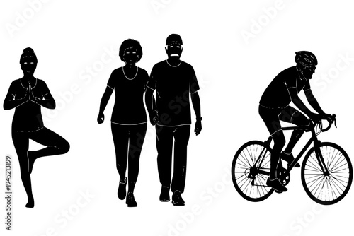 Active Seniors Sports Set Elderly People Walking Yoga Cycling Healthy Aging Collection Black Vector Silhouette