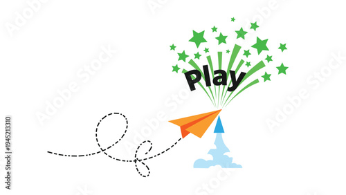 Creative concept of play is shown through an orange paper airplane taking off with a burst of stars and green fireworks on a white background.