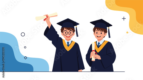 Two successful young graduates wearing black gowns and mortarboards smile proudly while holding their diplomas on their special graduation day.