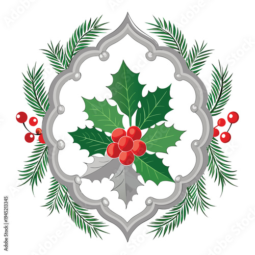 Decorative christmas illustration with festive holly berries and evergreen sprigs design