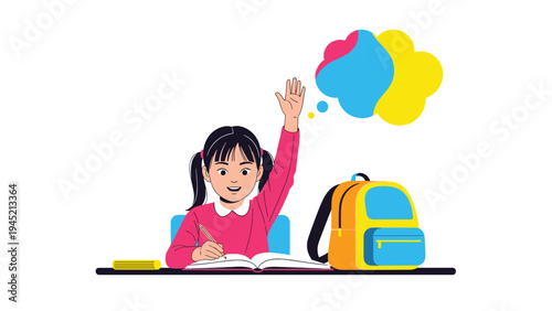 Focused schoolgirl sits at her desk with an open book and colorful backpack while raising her hand to ask a question during her study time.
