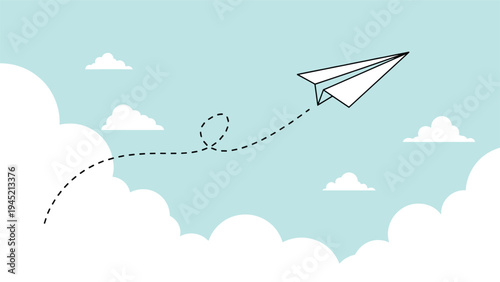 Simple white paper airplane flies high in a clear blue sky surrounded by fluffy white clouds to represent dreams and the journey of life.