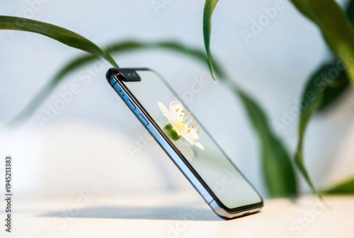 Blue smartphone held diagonally showing a white flower on screen, surrounded by green plant leaves.