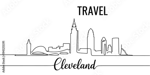 Cleveland city skyline travel landmark continuous line vector illustration