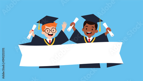 Two diverse graduates wearing academic caps and gowns hold a large blank white banner or scroll together for a custom graduation message.
