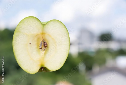 Cross-section of a green apple held up against a blurred outdoor landscape and sky background.