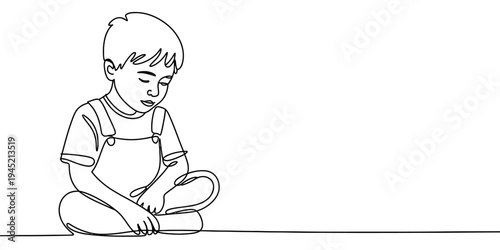 Little boy sitting reading book continuous line vector illustration