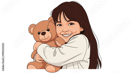 Little girl with long brown hair smiles tenderly while giving a warm hug to her favorite soft brown teddy bear to show love and affection.