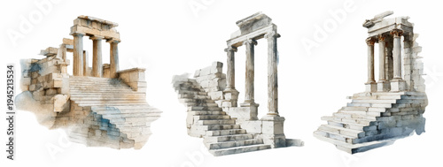 Three watercolor illustrations of ancient architectural ruins showing crumbling stone stairs, classical columns and weathered structures evoking antiquity and cultural heritage