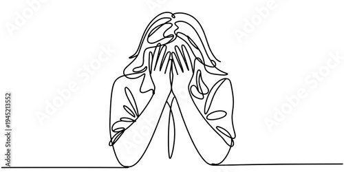Sad woman covering face crying continuous line vector illustration