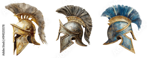 Group of stylized ancient greek helmets depicting iconic warrior headgear from classical antiquity, showcasing different designs and materials with prominent crests