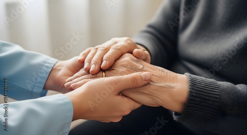 Closeup of a younger persons hands gently holding an older persons wrinkled hands