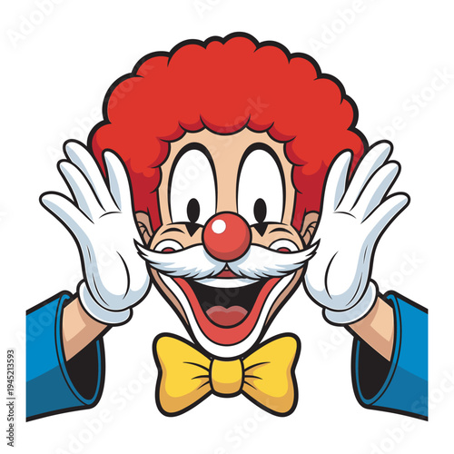 Excited clown with red hair and white gloves, cartoon character