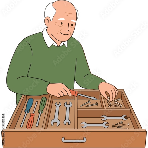 An elderly man organizes various tools in a wooden drawer compartment.