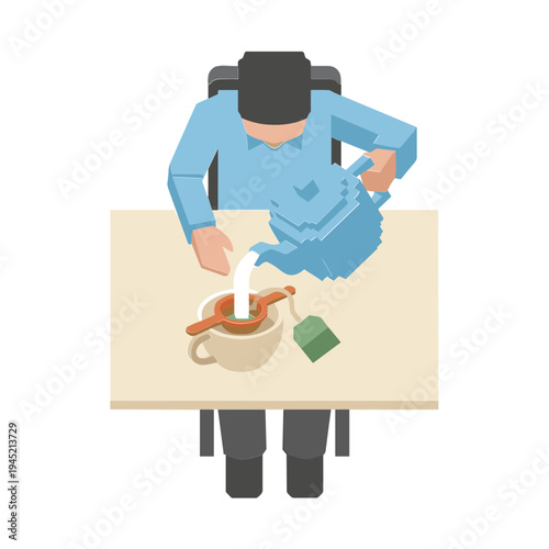 Man sitting at table pouring milk into coffee cup with sugar cube