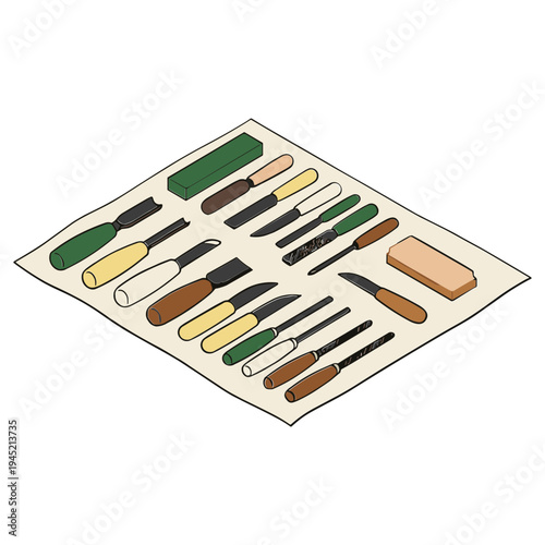 Various tools are displayed on a flat surface for organization