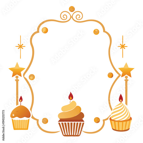Elegant frame design with delicious cupcakes and lit candles perfect for celebratory events