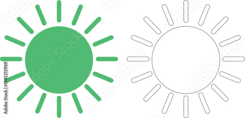 Green sun with rays and black outline sun silhouette