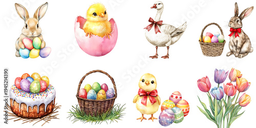Set collection of watercolor Easter items: bunny, chick, Easter eggs, Easter cake, and basket, isolated on a transparent background PNG, template, mockup, cutout