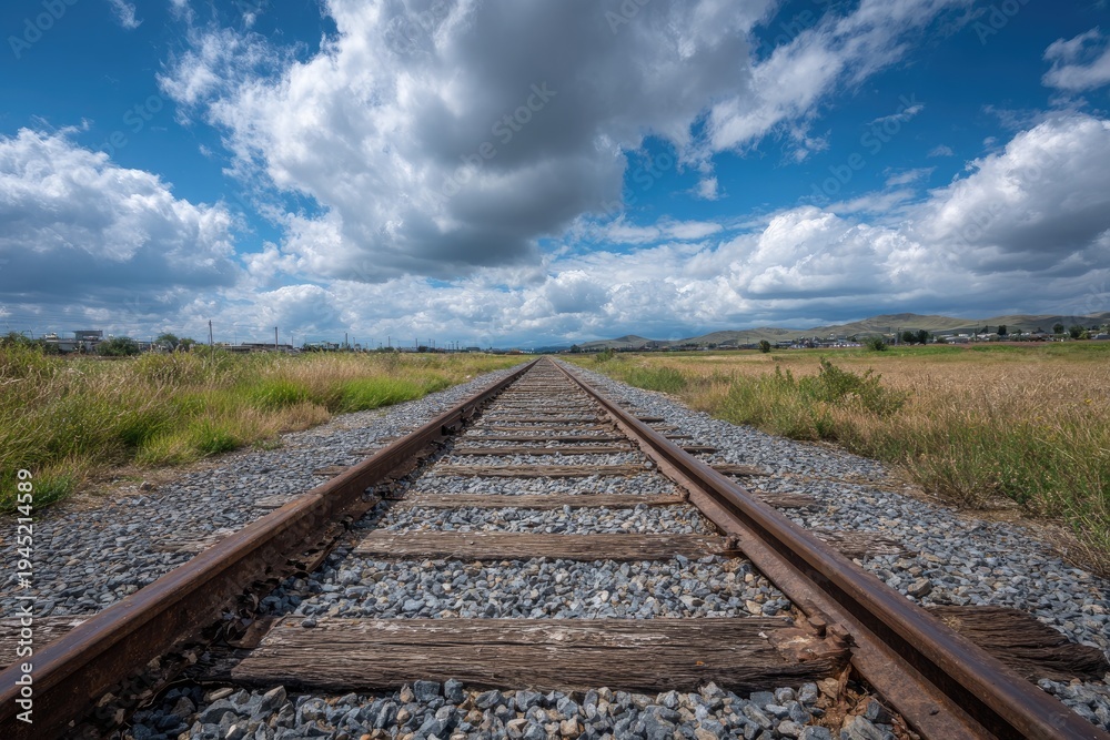 Fototapeta premium Expansive train tracks stretch toward a distant horizon under a vast, cloudy sky