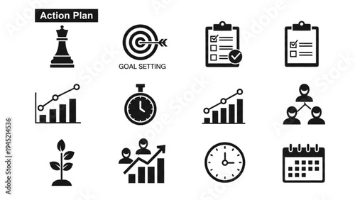 Vector icon sheet of business action plan symbols and goal setting illustrations