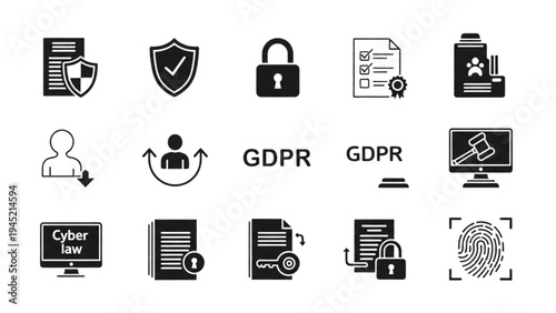 Vector icon sheet depicting GDPR cyber security and protection measures
