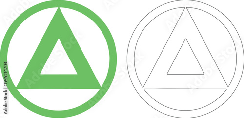 Green triangle inside circle and black outlined triangle inside circle