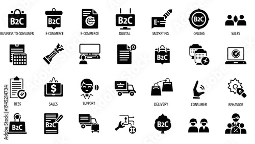Vector Icon Sheet of Business to Consumer Commerce Symbols