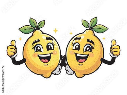 Two happy lemon characters giving thumbs up, smiling fruit mascots with leaves