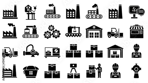 Vector Icon Sheet of Industrial Factory Buildings and Machinery