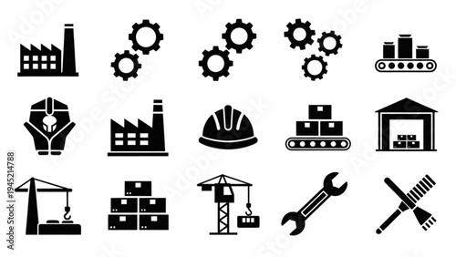 Vector Icon Sheet of Industrial Construction and Industry Symbols